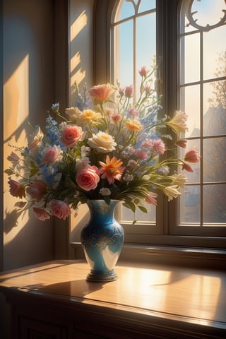 painting of a bouquet of flowers in vase, stunning detailed scene, ((window in background)), wide shot, bright soft diffused light, glow, digital painting, artstation, concept art, intricate, highly detailed, volumetric lighting, masterpiece, trending on Artstation, art by artgerm and greg rutkowski and alphonse mucha, hdr 4k, 8k