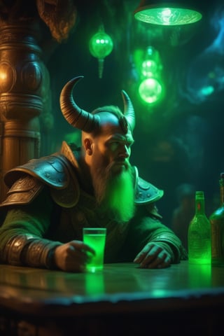 (masterpiece,best quality, ultra realistic,32k,RAW photo,detailed skin, 8k uhd, high quality:1.2), impressionist painting a space viking drinking green neon liquid in an alien tavern. art by ilya repin. . loose brushwork, vibrant color, light and shadow play, captures feeling over form