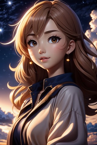 girl in light clothing, style artist oyari ashito, against the night sky, night, portrait, satisfaction, enjoyment, manga graphics, anime, drawing, dark exposure, bright colors, the highest quality, the highest detail, first-person view, dark tones, Clouds