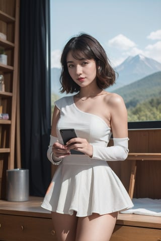 (masterpiece,best quality:1.6), Bare shoulder, summer day, (Deco :1.3), (art by Scholastic Corporation :1.2),(Interior Design:1.1),(lady,Peplum top,🧖‍♀️:1.2), Mountain range,🌸,🌳, cybernetic robot undefined . android, AI, machine, metal, wires, tech, futuristic, highly detailed