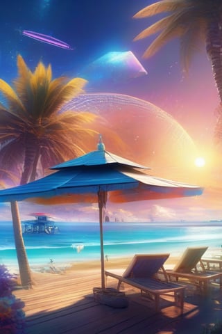 (masterpiece,best quality:1.6), Bare shoulder, summer day, A bright sun over a peaceful beach with cabanas and umbrellas, La La Land, Nebula, Fragmentation, cybernetic robot undefined . android, AI, machine, metal, wires, tech, futuristic, highly detailed