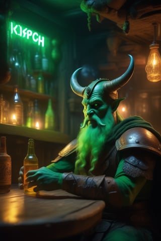 (masterpiece,best quality, ultra realistic,32k,RAW photo,detailed skin, 8k uhd, high quality:1.2), impressionist painting a space viking drinking green neon liquid in an alien tavern. art by ilya repin. . loose brushwork, vibrant color, light and shadow play, captures feeling over form