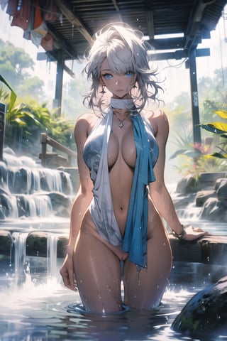 One female, bright blue eyes, white hair, very_long_hair, wet hair, glowing tattoos, in water, hot springs, nude_towel, large_breasts, thicc_thighs, nude body, soaked body,FUJI,GI Lynette