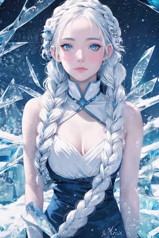 Arctic explorer woman, frostbitten skin, icicle-white braided hair. Eyes, glacial blue depths, witnessing polar mysteries. Lips, chilled berry, narrating tales of the cold. xxmix_girl, detailed eyes,FUJI