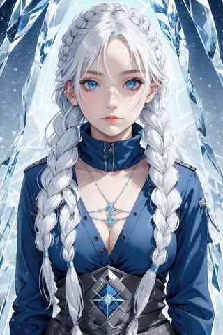 Arctic explorer woman, frostbitten skin, icicle-white braided hair. Eyes, glacial blue depths, witnessing polar mysteries. Lips, chilled berry, narrating tales of the cold. xxmix_girl, detailed eyes