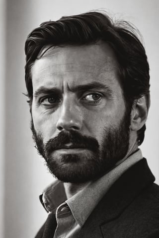 The image shows a close-up of a man with a beard and dark hair. He appears to be pensive or contemplative. The photo is taken in black and white, which accentuates the man's serious expression and adds a timeless character to the scene. The man's facial hair is prominent, and his eyes are deep and focused. He is standing in front of a window, which might suggest that he is indoors or in a well-lit environment. Overall, the image captures a moment of quiet introspection of the man with a concentrated gaze





