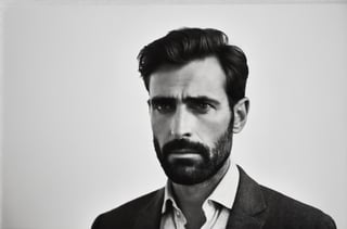 Generate an image that captures the essence of this description: The image is a black and white photo of a man with a serious expression on his face, looking directly into the camera. He has a thin beard and appears to be well-dressed. The man's gaze is fixed and intense, as if he is staring into the depths of space or contemplating something important. The overall mood of the image is quite serious and contemplative. The lack of color in the photograph adds to the dramatic effect and draws attention to the subject's facial expression and demeanor





