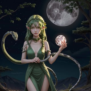 person chasing painting of a cute green skinned dryad girl holding a moon on her hands in the middle of the night, with a snake curled around her neck, high resolution, HDorb of light that is at distance