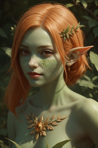 photo of a beautiful dryad girl with (green skin:1.3), elven pointy ears, (orange hair), (chubby cheecks), [slight smile], (with red eyes), very detailed, realistic, intricate, elegant, parted lips, trending on artstation