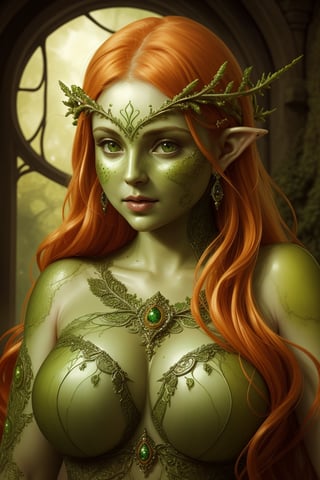photo of a beautiful dryad girl with (green skin:1.3), elven pointy ears, (orange hair), chubby cheecks, [slight smile] detailed, realistic, intricate, elegant, parted lips, trending on artstation