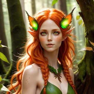 a beautiful dryad is standing in the middle of a forest, she has red eyes, orange hair and green textured smooth skin, she has freckles and is looking slightly up.,Xxmix_Catecat