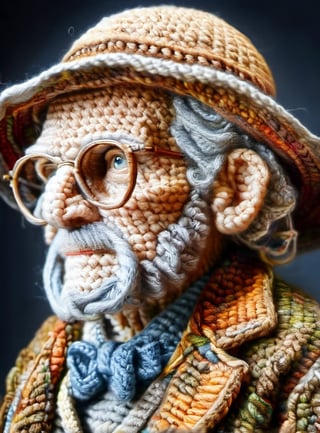 The fully crocheted portrait of an old, wise looking man looking into the wide, dark palette,  high resolution and contrast and colour contrast,  intricately textured and extremely subtle detailed, detailmaster2, side-light, ultra quality,  fine artwork 