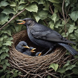 A blackbird feeding its nestlings  in his nest among bushes, high  resolution and contrast,  high colour contrast,  intricately textured and extremely detailed,  detailmaster2,  side-light,  ultra quality,  dark palette ,Leonardo Style,Pomological Watercolor