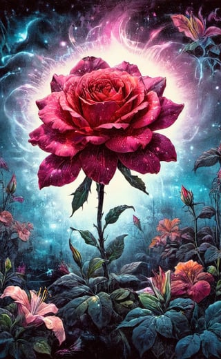 A WONDER flower for everybody that brings love and courage back,  part rose part lily part fantastic fantasy , dark vivid palette,  high resolution and contrast and colour contrast,  intricately textured and extremely subtle and elegantly detailed,  detailmaster2, side-light,  ultra quality ,Movie Poster,ink art,retro ink,line art illustration
