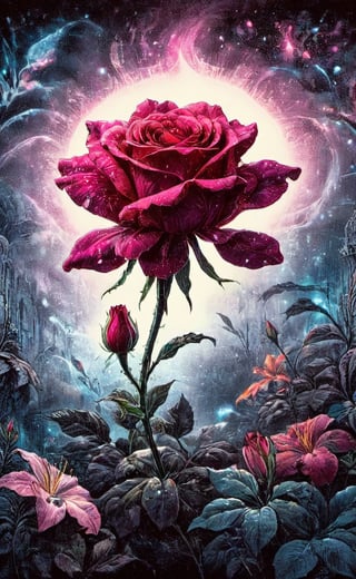 A WONDER flower for everybody that brings love and courage back,  part rose part lily part fantastic fantasy , dark vivid palette,  high resolution and contrast and colour contrast,  intricately textured and extremely subtle and elegantly detailed,  detailmaster2, side-light,  ultra quality ,Movie Poster,ink art,retro ink,line art illustration