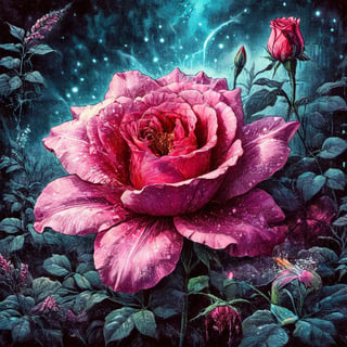 A WONDER flower for everybody that brings love and courage back,  part rose part lily part fantastic fantasy , dark vivid palette,  high resolution and contrast and colour contrast,  intricately textured and extremely subtle and elegantly detailed,  detailmaster2, side-light,  ultra quality ,Movie Poster,ink art,retro ink,line art illustration