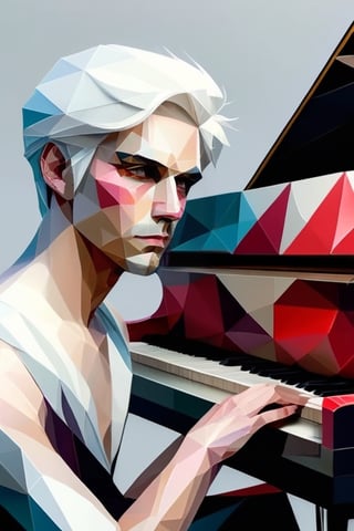 solo, 1man, sitting, white hair, male focus, instrument, reflection, playing instrument, piano, grand piano, f 22, t 1/200, 35mm, deep focus, depth of field,  detailmaster2,  charismatic aura, 8k rendered ,ral-polygon