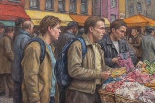 Pastelart Xl, Saturday afternoon common people do their shopping  in town like Berlin,  frustrated faces all over for common reason, not enough money, dark vivid  palette,  intricately textured and extremely detailed,  detailmaster2,  side-light,  high resolution and contrast and colour contrast,  intricately textured,  ray tracing shadows,  ultra quality ,drawing with pastels,anger