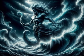 Poseidon appears from thestormy seam dark palette,  high resolution and contrast and colour contrast,  intricately textured and extremely subtle detailed,  detailmaster2,  side-light,  ultra quality,  fine artwork ,colorful