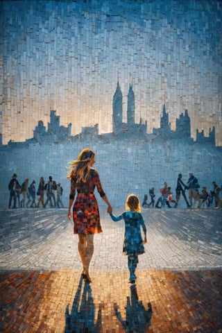 A photographic mosaic of a mother with her playing kids in the foreground and parc scenery  in the background,  dark palette,  high resolution and contrast and colour contrast,  intricately textured and extremely subtle detailed,  detailmaster2,  side-light,  epic view,  fine artwork ,more detail XL
