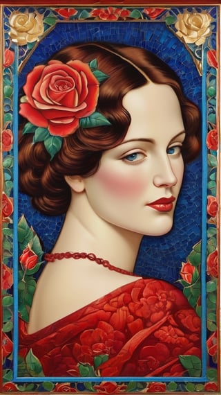 (Cloisonnism) A cloisonnist wall-hanging with fantastic red roses decorating the cloisonnist portrait of a woman of the 30s,, vivid palette,  intricately textured and extremely subtle detailed,  detailmaster2,  side-light,  high resolution and contrast,  high colour contrast,  deep focus, depth of field,  ultra quality ,Pomological Watercolor