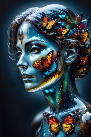 A woman , a queen who wishes becoming  a butterfly,  vivid palette,  moody lighting,  high resolution and contrast,  intricately textured and extremely detailed,  detailmaster2,  side-light,  best quality,  fine artwork,ink art,Clear Glass Skin