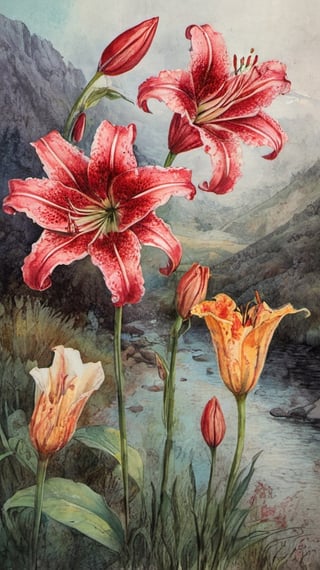 A pomological but lively watercolour of 3 dark red spotted and 1 american Turk's-cap lily on creme aquarel paper  , dark palette, intricately detailed painted and textured,  deep focus, high colour contrast, high contrast and resolution,  ultra quality ,Pomological Watercolor,watercolor,wtrcolor style,ink ,ink art