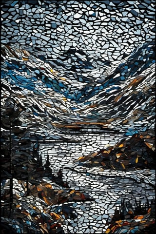 A glass mosaic of landscape with small lake and trees around in the foreground and high mountains  in the background,  dark palette,  high resolution and contrast and colour contrast,  intricately textured and extremely subtle detailed,  detailmaster2,  side-light,  epic view,  fine artwork ,shards