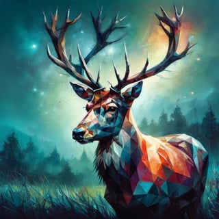 ( Pastelart) Profile of a belling red deer, head back, open mouth,  in the meadow in the early morning, nebulous mystical atmosphere, trees around the meadow, dark vivid palette, cyan matrix background,  high resolution and contrast,  high colour contrast,  intricately textured and extremely subtle detailed,  detailmaster2,  side-light,  ultra quality,  fine artwork ,drawing with pastels,ral-polygon