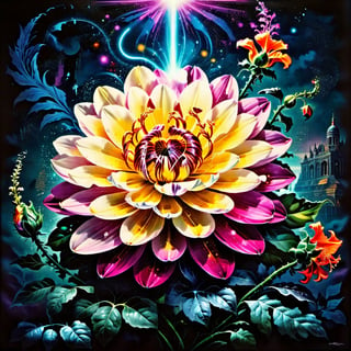 A WONDER flower for everybody that brings love and courage back together with high_resolution and contrast and colour contrast,  intricately textured and extremely subtle and elegantly detailed,  detailmaster2, side-light,  ultra quality ,Movie Poster,ink art,retro ink,line art illustration