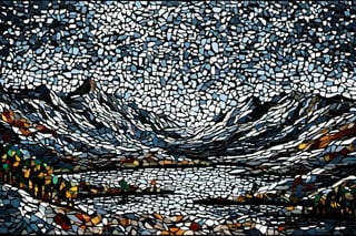 A glass mosaic of landscape with small lake and trees around in the foreground and high mountains  in the background,  dark palette,  high resolution and contrast and colour contrast,  intricately textured and extremely subtle detailed,  detailmaster2,  side-light,  epic view,  fine artwork ,shards
