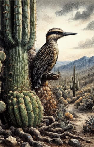 An ink colored charcoal drawing of Saguaro cacti with a specific bird thegeocoocyx californianus, high resolution and contrast and colour contrast,  dark palette,  intricately textured and extremely expressively detailed, detailmaster2,  fine artwork,  ultra quality,  epic view ,CharcoalDarkStyle,charcoal drawing,Pomological Watercolor,ink art