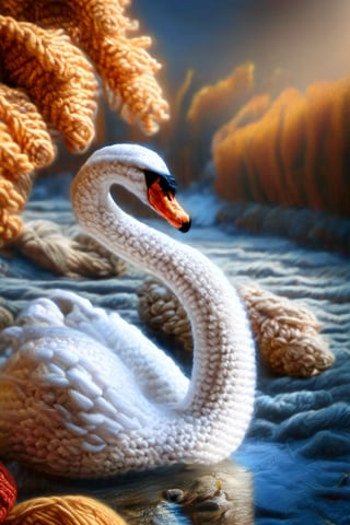 A crocheted white swan on a crocheted river, dark vivid palette,  high resolution and contrast and colour contrast,  intricately textured and extremely expressive,  detailmaster2,  side-light,  ultra quality,  fine artwork 