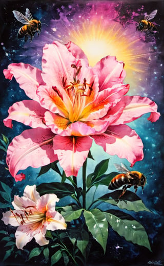 A WONDER flower half lily, half rose for everybody to bring love and courage back together with magic bees, high_resolution and contrast and colour contrast,  intricately textured and extremely subtle and elegantly detailed,  detailmaster2, side-light,  ultra quality ,Movie Poster,ink art,retro ink,line art illustration
