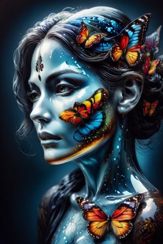 A woman , a queen who wishes becoming  a butterfly,  vivid palette,  moody lighting,  high resolution and contrast,  intricately textured and extremely detailed,  detailmaster2,  side-light,  best quality,  fine artwork,ink art,Clear Glass Skin