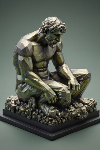 An isometric plan of Rodin's Thinker, high resolution and contrast and colour contrast,  intricately textured and extremely detailed,  detailmaster2,  dark palette, light-chartreuse 
background, ultra quality ,3D Mesh,ral-bismut
