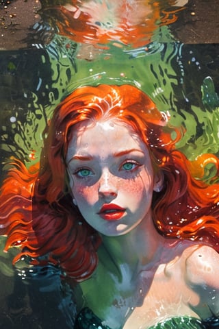 An illustrative lithograph of 1mermaid, solo, long hair, looking at viewer, bright- green eyes, red hair, outdoors, water, clear water reflection, orange hair,  lips, partially submerged, freckles, realistic, street water puddle, clear reflection  in the puddle of mermaid and surroundings,  detailmaster2, dark palette, backlight,  ,digital painting