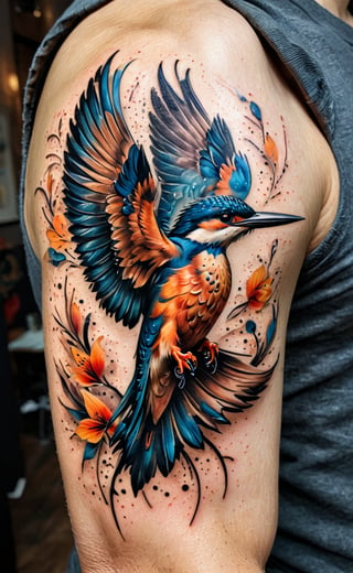  A shoulder tattoo of a flying kingfisher, very elegant for men and women equally , dark vivid colours , high resolution and contrast and colour contrast,  intricately textured and extremely subtle detailed, detailmaster2,  side-light,  ultra quality,  fine artwork 