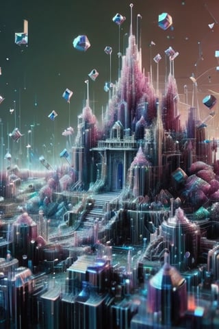 (Pixel Style), )A town made of bismuth crystals, bismutu crystal colours, pink,lime, blue ,  plastic wrapped wire, inside pixeled world, cinematic, volumetric lighting,  Matrix, code, 3D Mesh,dissolving into pixels,3D Mesh, metallic background , depth of field, deep focus