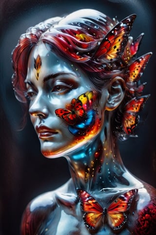 A woman , a queen who wishes becoming  a butterfly,  vivid palette, scarlet-maroon  foreground,  moody lighting,  high resolution and contrast,  intricately textured and extremely detailed,  detailmaster2,  side-light,  best quality,  fine artwork,ink art,Clear Glass Skin