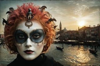 An infrared double-exposure  first shot the sunrise over a canale in Venice second shot 1 male and 1 female vis-a-vis in classical venetian carnival masking,  high resolution and contrast and colour contrast,  intricately textured and extremely subtle detailed,  detailmaster2,  backlight,  ultra quality,  fine artwork 