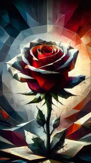 A dramatic surrealist All-Rose Digital Painting, in Max Ernst's style,  on different papers, different looks, different colours, intricately textured, structured and detailed,  deep focus, deep contrast, clear outlines, detailmaster2,  backlight, bright-scarlet-grey background, dark palette,ral-polygon