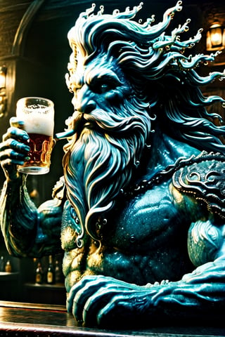 Poseidon drinking his pint of beer on the bar in a pub, high resolution and contrast and colour contrast,  intricately textured and extremely subtle detailed, detailmaster2,  side-light,  ultra quality,  fine artwork ,Movie Still