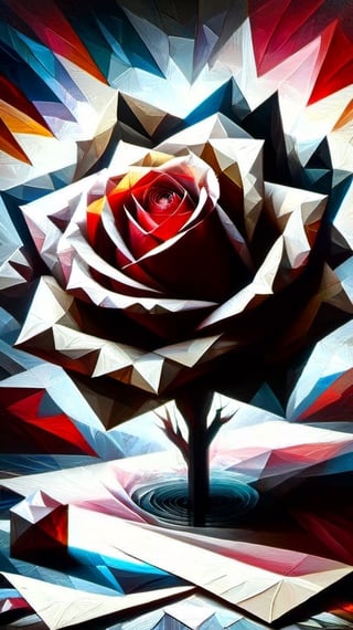 A dramatic surrealist All-Rose Digital Painting, in Max Ernst's style,  on different papers, different looks, different colours, intricately textured, structured and detailed,  deep focus, deep contrast, clear outlines, detailmaster2,  backlight, scarlet-grey background, dark palette,artistic oil painting stick,ral-polygon