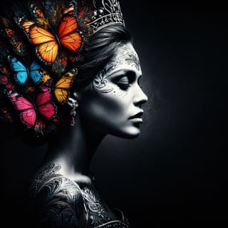 A woman , a queen who wishes becoming  a butterfly,  vivid palette,  moody lighting,  high resolution and contrast,  intricately textured and extremely detailed,  detailmaster2,  side-light,  best quality,  fine artwork,ink art