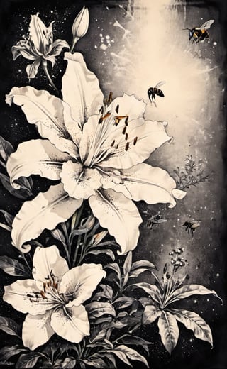 A WONDER flower half lily, half rose for everybody to bring love and courage back together with magic bees, high_resolution and contrast and colour contrast,  intricately textured and extremely subtle and elegantly detailed,  detailmaster2, side-light,  ultra quality ,Movie Poster,ink art,retro ink,line art illustration