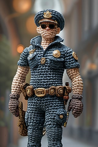 (Crochet art) full body view of a crocheted policeman in town, dark palette,  high resolution and contrast and colour contrast,  intricately textured and subtle detailed,  detailmaster2,  side-light,  epic view,  ultra quality,  fine artwork 