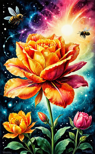  A WONDER flower half lily, half rose, half tulip for everybody to bring love and courage back together with magic bees, high_resolution and contrast and colour contrast,  intricately textured and extremely subtle and elegantly detailed,  detailmaster2, side-light,  ultra quality ,Movie Poster,ink art,retro ink,line art illustration,bubbleGL,Rose,BucketGoldUnderTheRainbow,Pomological Watercolor