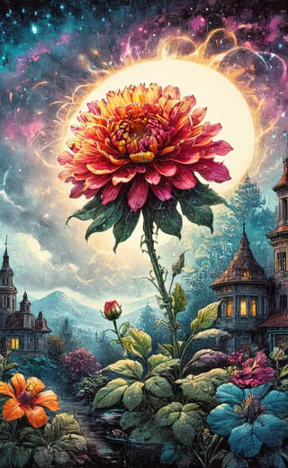 A WONDER flower for everybody that brings love and courage back together with high_resolution and contrast and colour contrast,  intricately textured and extremely subtle and elegantly detailed,  detailmaster2, side-light,  ultra quality ,Movie Poster,ink art,retro ink,line art illustration