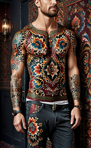  A full-body tattoo in the style of old persian carpets , very elegant for men , dark warm colours , high resolution and contrast and colour contrast,  intricately textured and extremely subtle detailed, detailmaster2,  side-light,  ultra quality,  fine artwork 